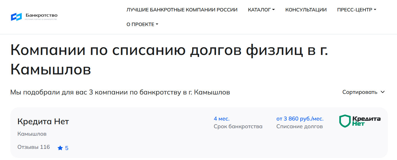 КредитаНет – первые в рейтинге компаний по банкротству в Камышлове на сайте Банкротство Инфо